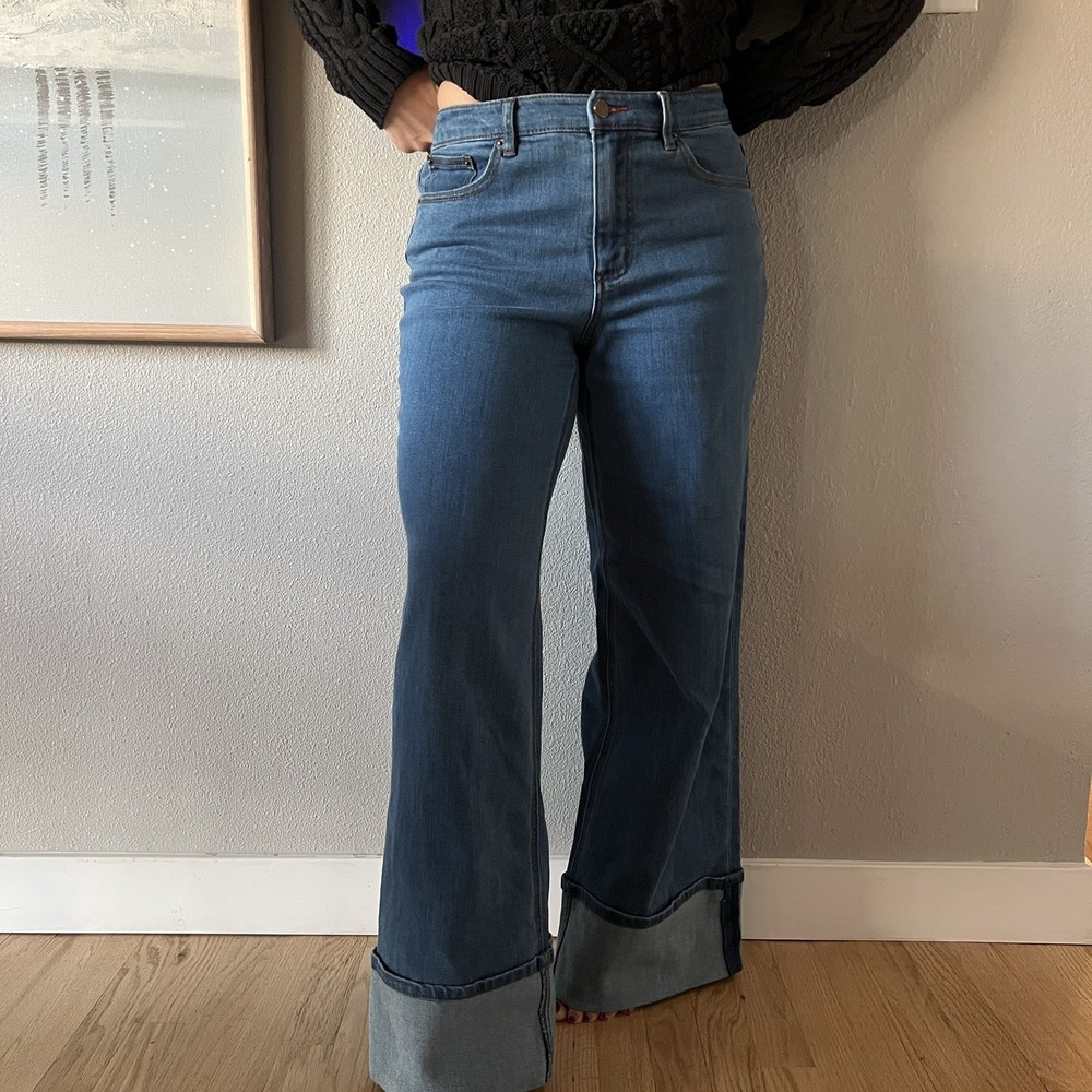 Peace Love World Women's Wide Leg Cuffed Jeans Blue Baggy Size 6 boho‎ classic